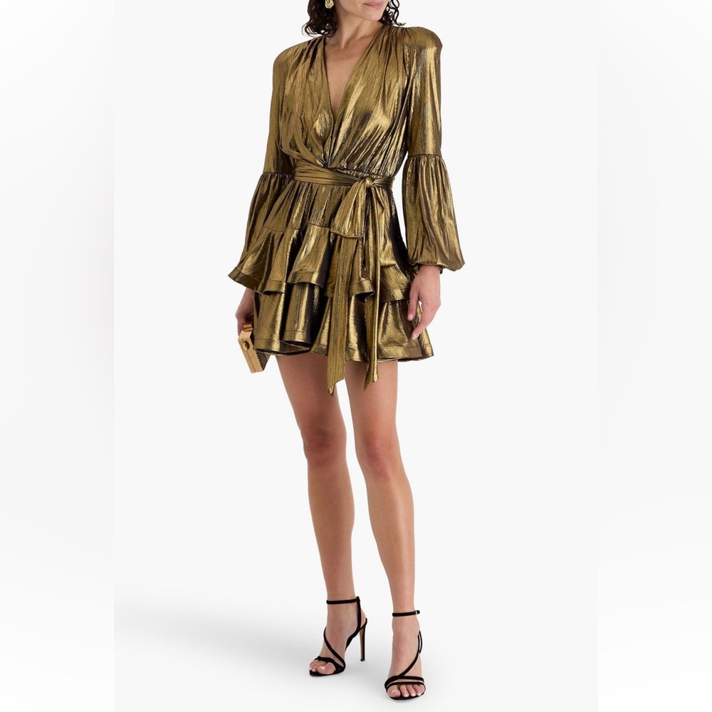 Bronx & Banco Gold Metallic Ruffled Mini Dress w Long Sleeves  UK10 NEW